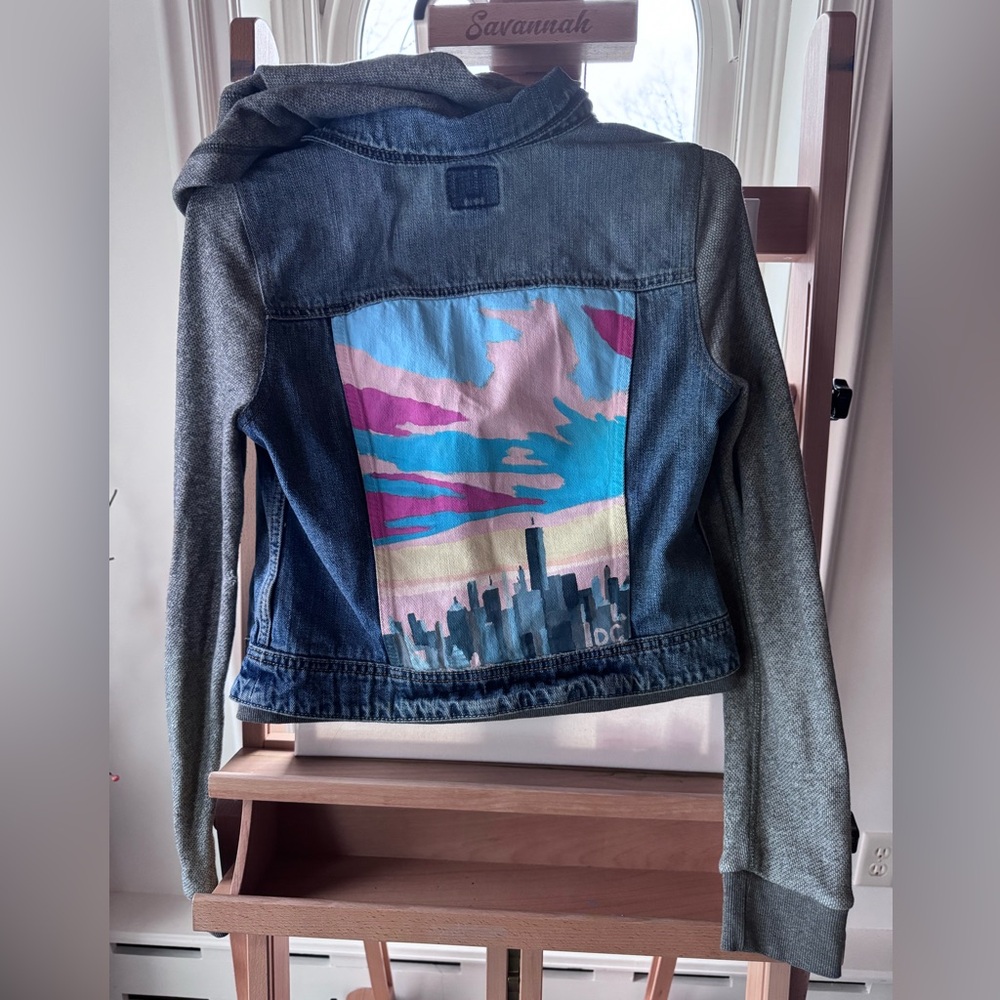 Hand Painted City Skyline American Eagle Denim Jacket